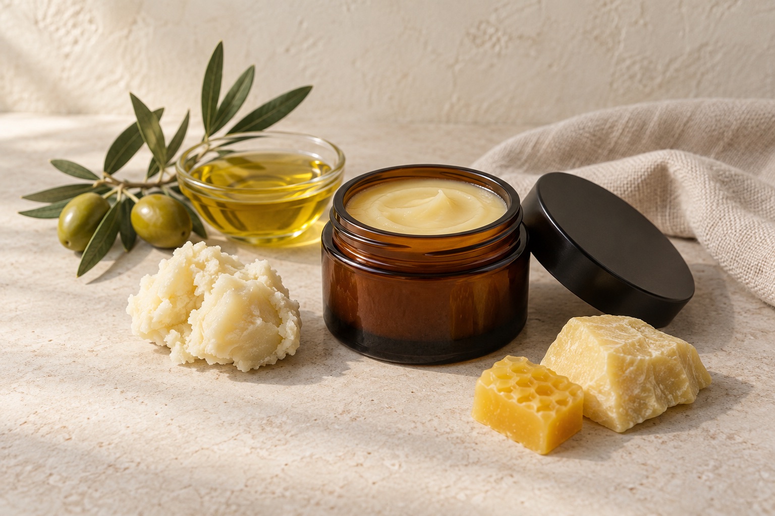 Basissalbe im Braunglastiegel mit Olivenöl, Pflanzenbuttern und Bienenwachs – KI-generiertes Symbolbild