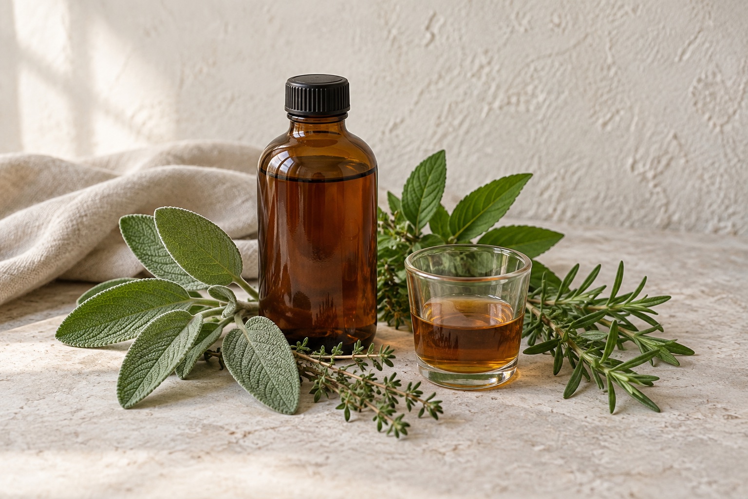Braunglasflasche mit bernsteinfarbenem Kräutersirup, kleinem Glas und aromatischen Kräutern